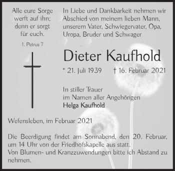 Traueranzeige von Dieter Kaufhold  von Magdeburger Volksstimme