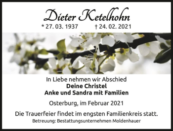 Traueranzeige von Dieter Ketelhohn  von Magdeburger Volksstimme