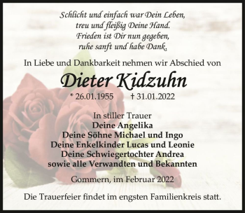 Traueranzeige von Dieter Kidzuhn  von Magdeburger Volksstimme
