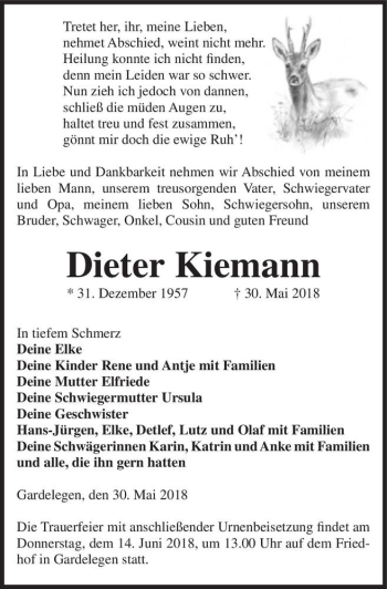 Traueranzeige von Dieter Kiemann  von Magdeburger Volksstimme