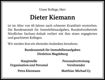 Traueranzeige von Dieter Kiemann  von Magdeburger Volksstimme