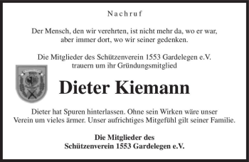 Traueranzeige von Dieter Kiemann  von Magdeburger Volksstimme