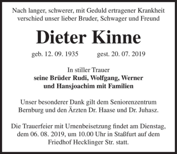 Traueranzeige von Dieter Kinne  von Magdeburger Volksstimme