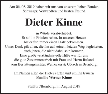 Traueranzeige von Dieter Kinne  von Magdeburger Volksstimme