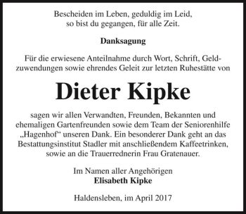 Traueranzeige von Dieter Kipke  von Magdeburger Volksstimme