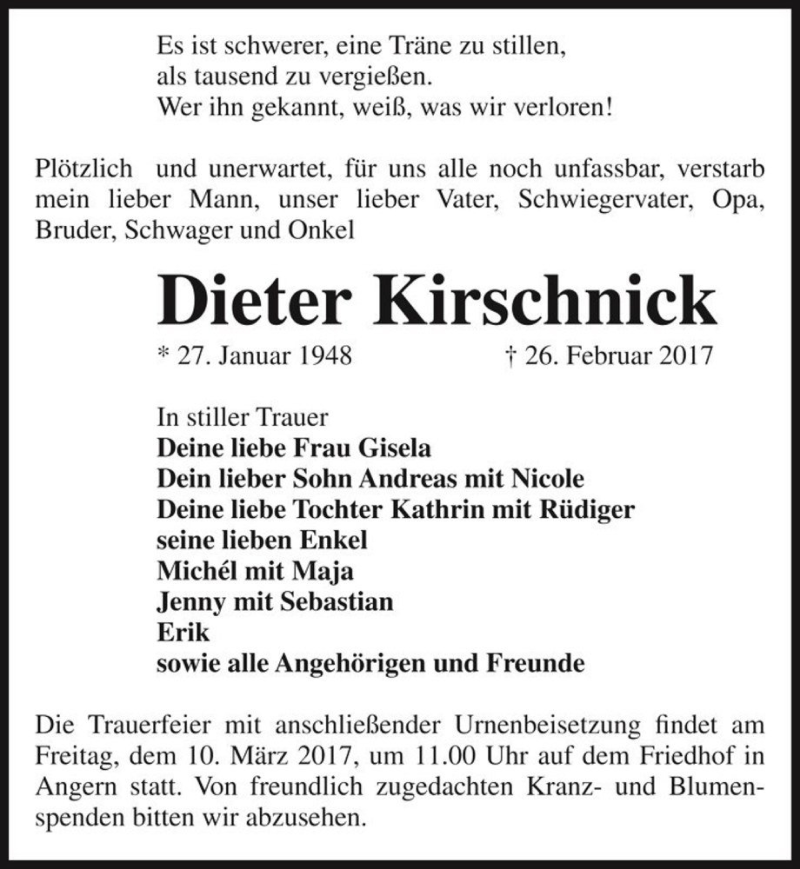  Traueranzeige für Dieter Kirschnick  vom 04.03.2017 aus Magdeburger Volksstimme