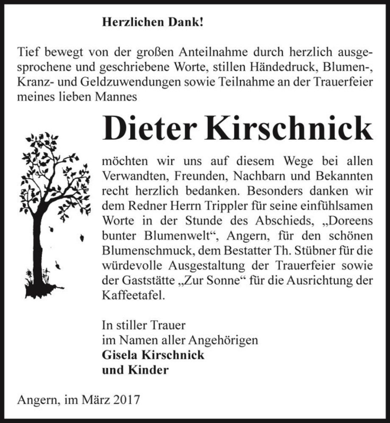  Traueranzeige für Dieter Kirschnick  vom 18.03.2017 aus Magdeburger Volksstimme