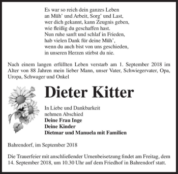 Traueranzeige von Dieter Kitter  von Magdeburger Volksstimme