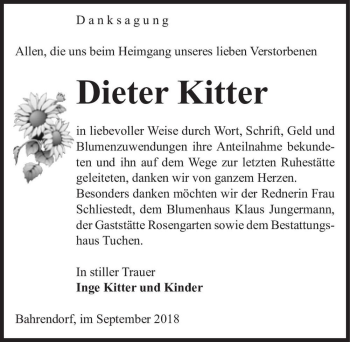Traueranzeige von Dieter Kitter  von Magdeburger Volksstimme