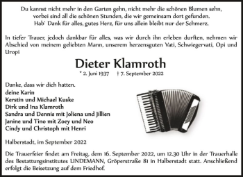 Traueranzeige von Dieter Klamroth  von Magdeburger Volksstimme