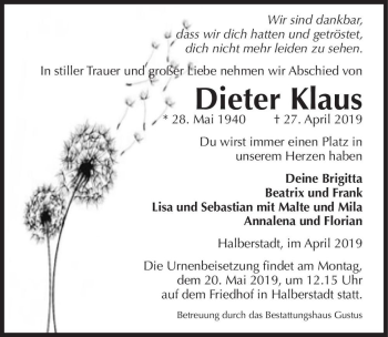 Traueranzeige von Dieter Klaus  von Magdeburger Volksstimme
