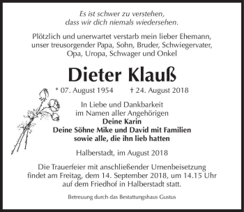 Traueranzeige von Dieter Klauß  von Magdeburger Volksstimme