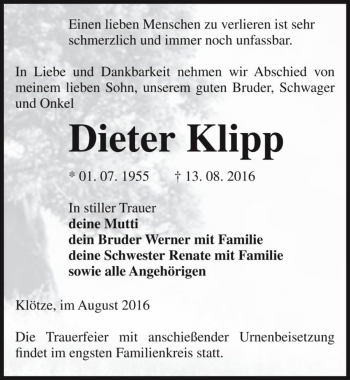 Traueranzeige von Dieter Klipp  von Magdeburger Volksstimme