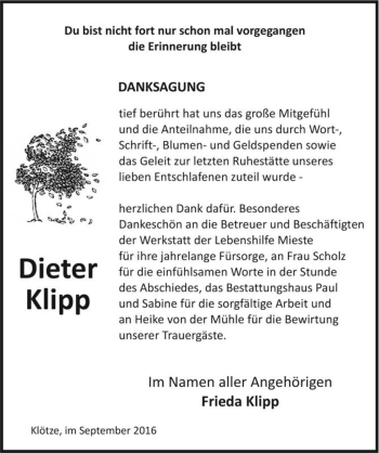 Traueranzeige von Dieter Klipp  von Magdeburger Volksstimme