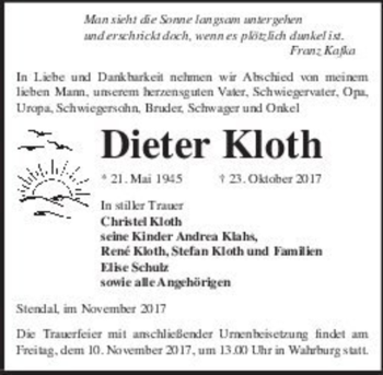 Traueranzeige von Dieter Kloth  von Magdeburger Volksstimme