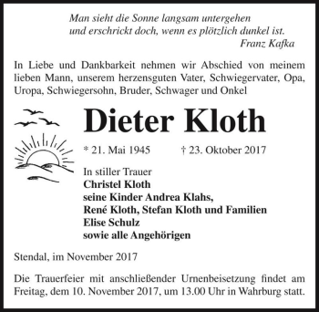 Traueranzeige von Dieter Kloth  von Magdeburger Volksstimme