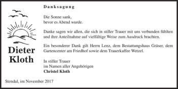 Traueranzeige von Dieter Kloth  von Magdeburger Volksstimme