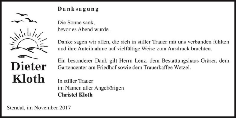  Traueranzeige für Dieter Kloth  vom 25.11.2017 aus Magdeburger Volksstimme
