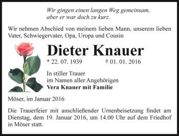 Traueranzeige von Dieter Knauer  von Magdeburger Volksstimme