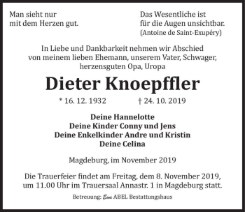 Traueranzeige von Dieter Knoepffler  von Magdeburger Volksstimme