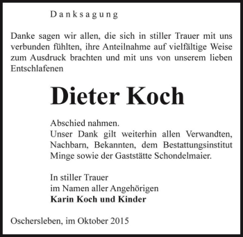 Traueranzeige von Dieter Koch  von Magdeburger Volksstimme