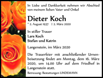 Traueranzeige von Dieter Koch  von Magdeburger Volksstimme