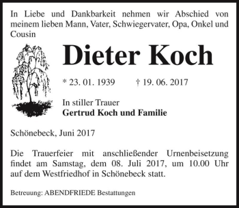 Traueranzeige von Dieter Koch  von Magdeburger Volksstimme