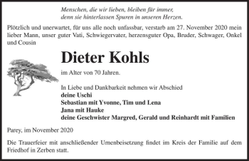 Traueranzeige von Dieter Kohls  von Magdeburger Volksstimme