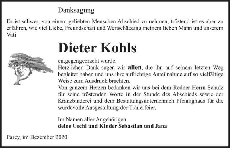  Traueranzeige für Dieter Kohls  vom 24.12.2020 aus Magdeburger Volksstimme
