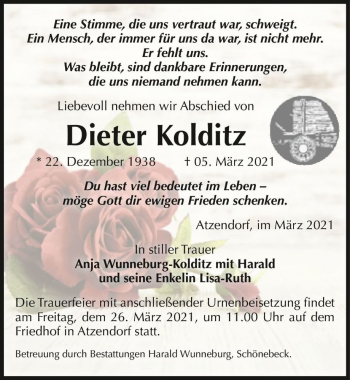 Traueranzeige von Dieter Kolditz  von Magdeburger Volksstimme