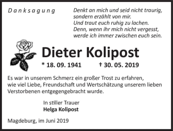 Traueranzeige von Dieter Kolipost  von Magdeburger Volksstimme
