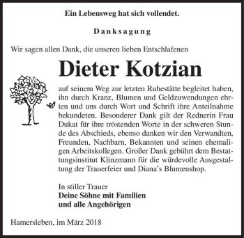 Traueranzeige von Dieter Kotzian  von Magdeburger Volksstimme