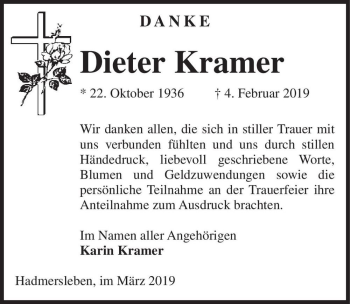 Traueranzeige von Dieter Kramer  von Magdeburger Volksstimme