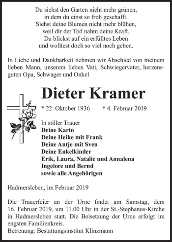 Traueranzeige von Dieter Kramer  von Magdeburger Volksstimme