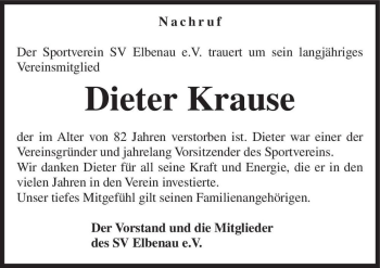 Traueranzeige von Dieter Krause  von Magdeburger Volksstimme