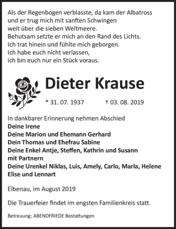 Traueranzeige von Dieter Krause  von Magdeburger Volksstimme