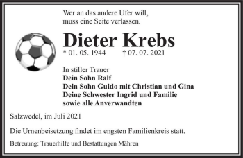 Traueranzeige von Dieter Krebs  von Magdeburger Volksstimme