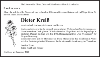 Traueranzeige von Dieter Kreiß  von Magdeburger Volksstimme