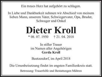 Traueranzeige von Dieter Kroll  von Magdeburger Volksstimme