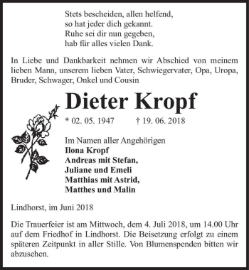 Traueranzeige von Dieter Kropf  von Magdeburger Volksstimme