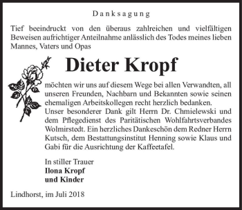 Traueranzeige von Dieter Kropf  von Magdeburger Volksstimme