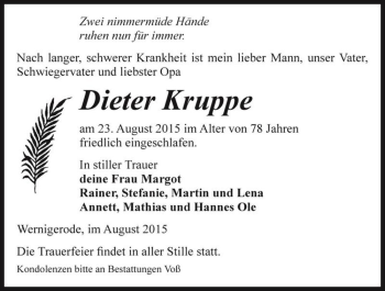 Traueranzeige von Dieter Kruppe  von Magdeburger Volksstimme