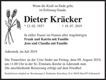 Traueranzeige von Dieter Kräcker  von Magdeburger Volksstimme