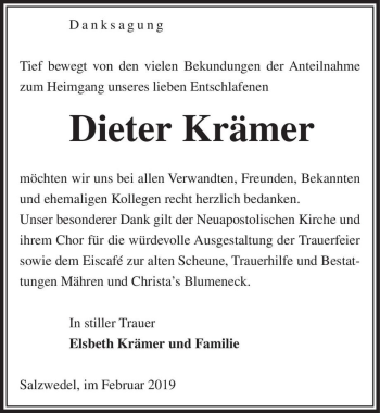 Traueranzeige von Dieter Krämer  von Magdeburger Volksstimme