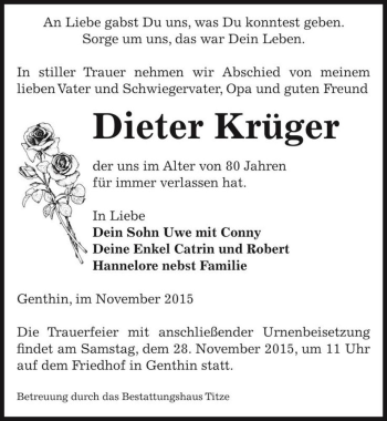 Traueranzeige von Dieter Krüger  von Magdeburger Volksstimme