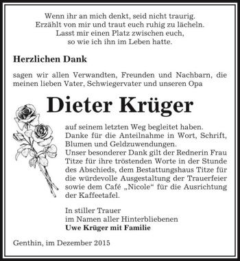 Traueranzeige von Dieter Krüger  von Magdeburger Volksstimme