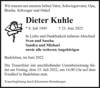 Traueranzeige von Dieter Kuhle  von Magdeburger Volksstimme