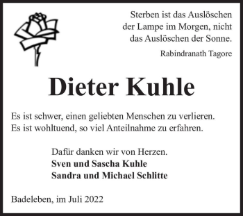 Traueranzeige von Dieter Kuhle  von Magdeburger Volksstimme