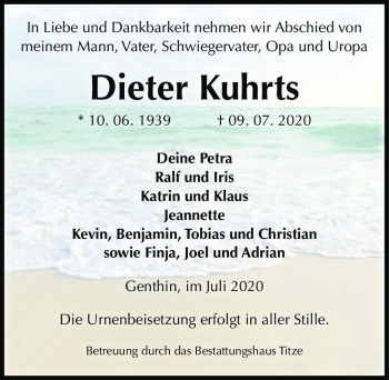 Traueranzeige von Dieter Kuhrts  von Magdeburger Volksstimme