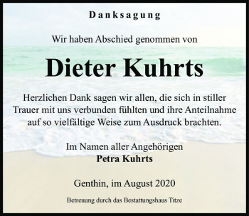 Traueranzeige von Dieter Kuhrts  von Magdeburger Volksstimme